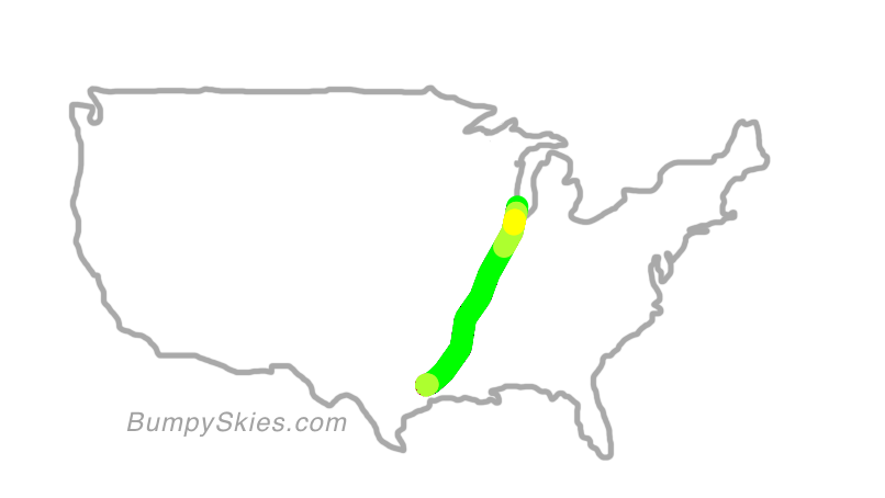 Map of continental US with illustrated flight path and turbulence forecast (described in text below)