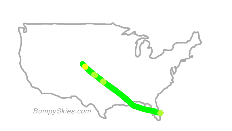 Map of continental US with illustrated flight path and turbulence forecast (described in text below)