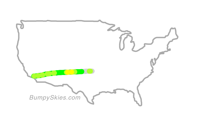 Map of continental US with illustrated flight path and turbulence forecast (described in text below)