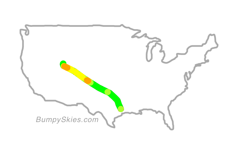Map of continental US with illustrated flight path and turbulence forecast (described in text below)