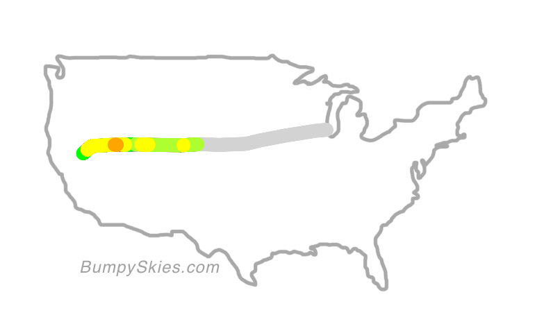 Map of continental US with illustrated flight path and turbulence forecast (described in text below)