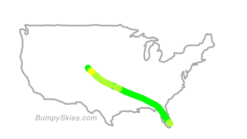 Map of continental US with illustrated flight path and turbulence forecast (described in text below)