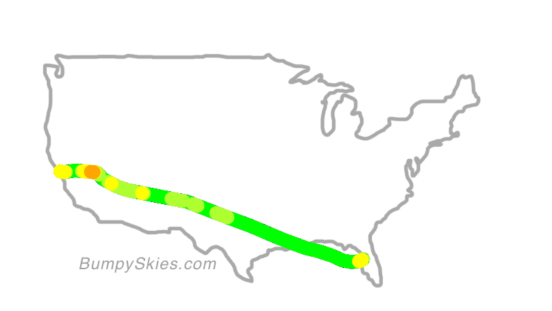 Map of continental US with illustrated flight path and turbulence forecast (described in text below)
