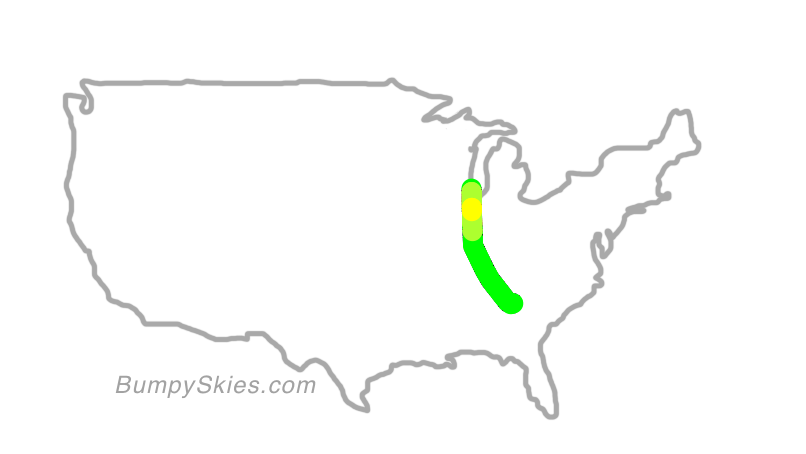 Map of continental US with illustrated flight path and turbulence forecast (described in text below)
