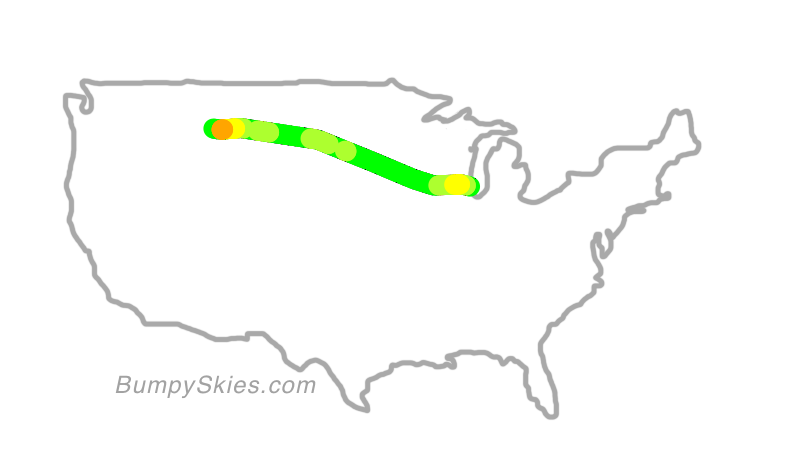 Map of continental US with illustrated flight path and turbulence forecast (described in text below)