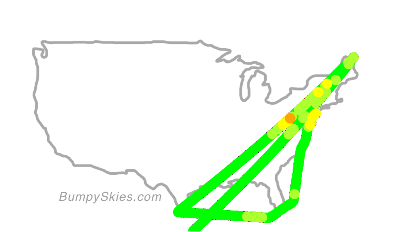 Map of continental US with illustrated flight path and turbulence forecast (described in text below)