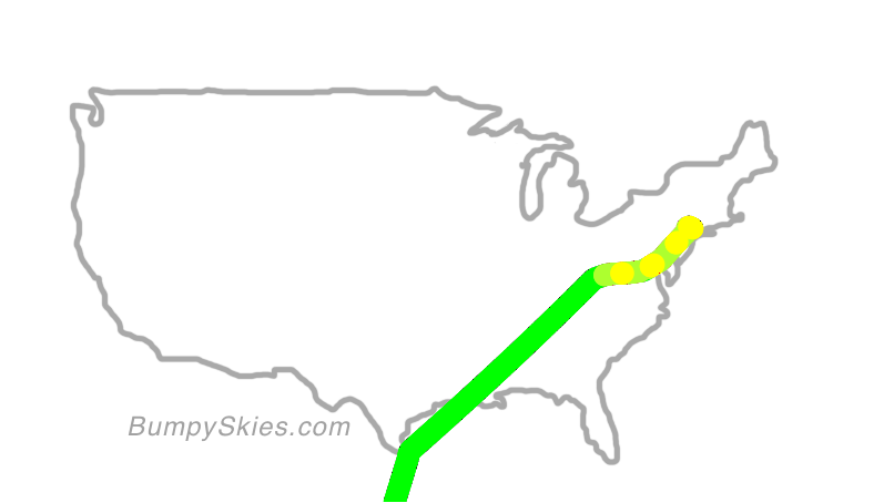 Map of continental US with illustrated flight path and turbulence forecast (described in text below)