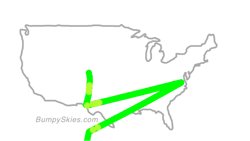 Map of continental US with illustrated flight path and turbulence forecast (described in text below)