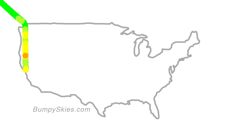 Map of continental US with illustrated flight path and turbulence forecast (described in text below)