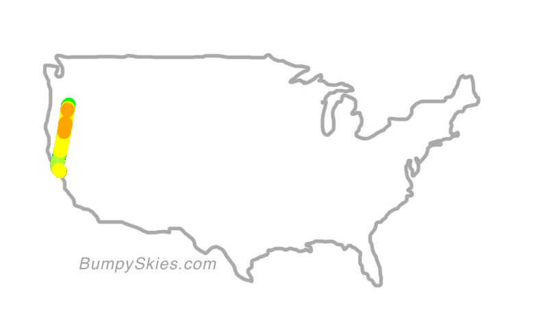 Map of continental US with illustrated flight path and turbulence forecast (described in text below)