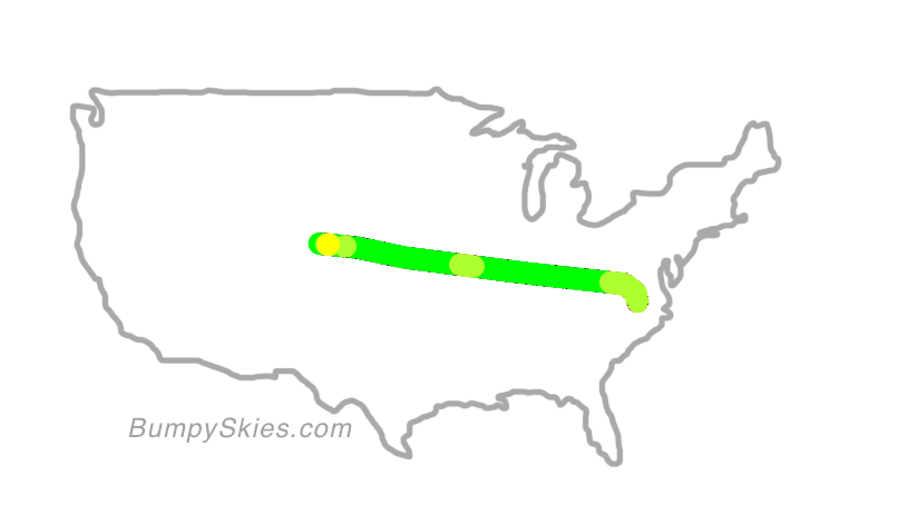 Map of continental US with illustrated flight path and turbulence forecast (described in text below)