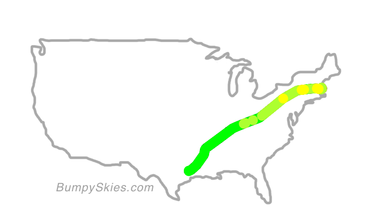 Map of continental US with illustrated flight path and turbulence forecast (described in text below)