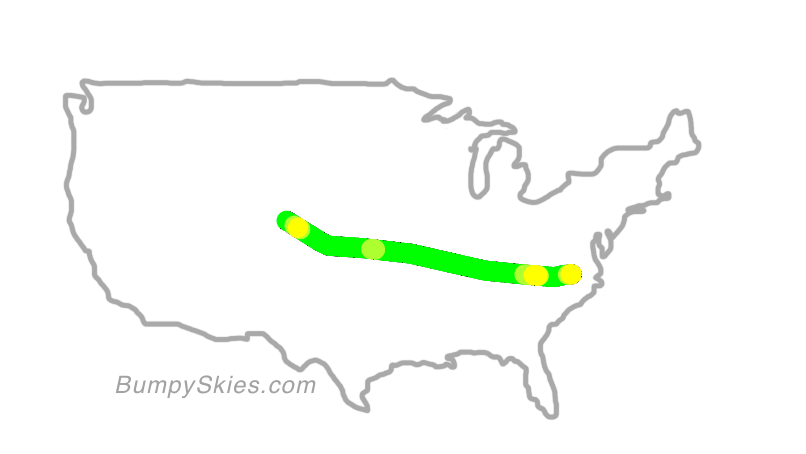 Map of continental US with illustrated flight path and turbulence forecast (described in text below)