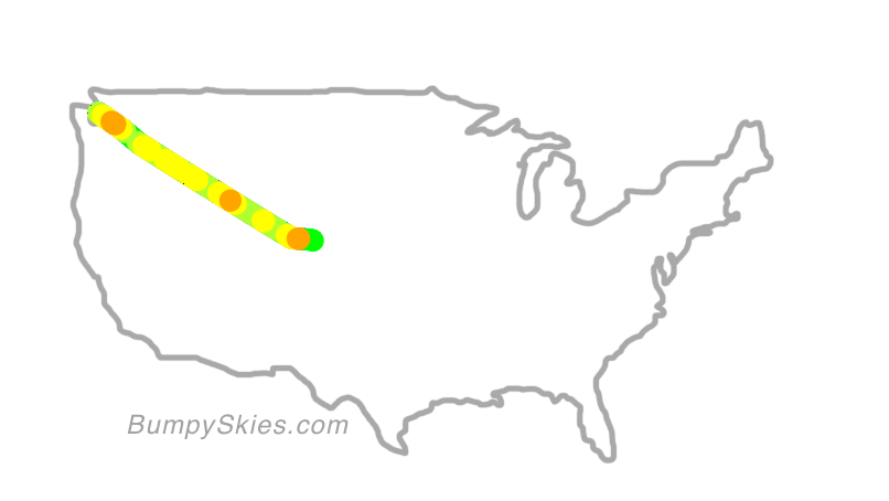 Map of continental US with illustrated flight path and turbulence forecast (described in text below)