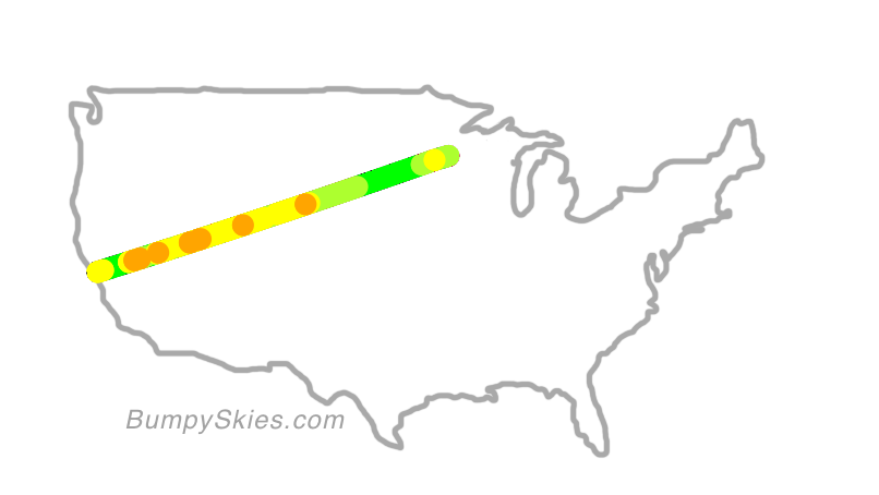 Map of continental US with illustrated flight path and turbulence forecast (described in text below)