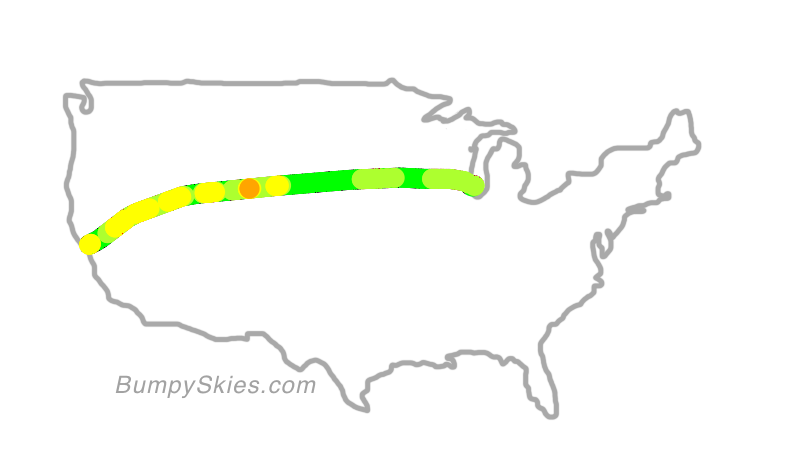 Map of continental US with illustrated flight path and turbulence forecast (described in text below)