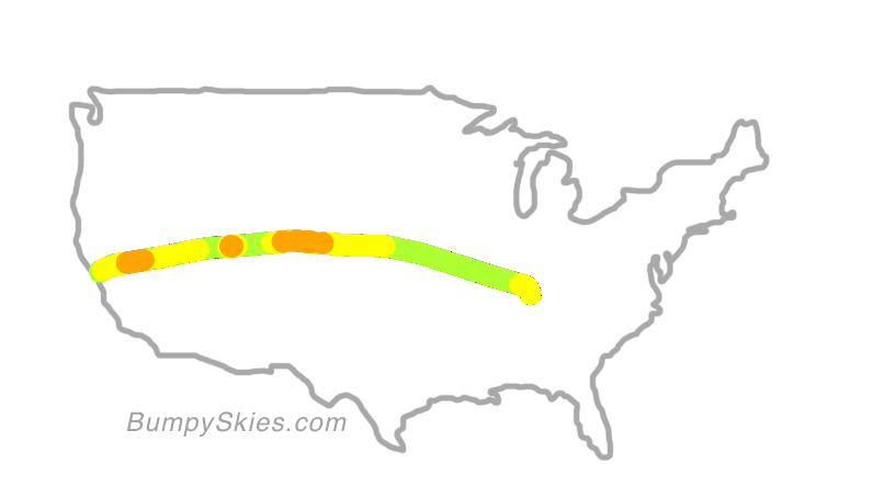 Map of continental US with illustrated flight path and turbulence forecast (described in text below)
