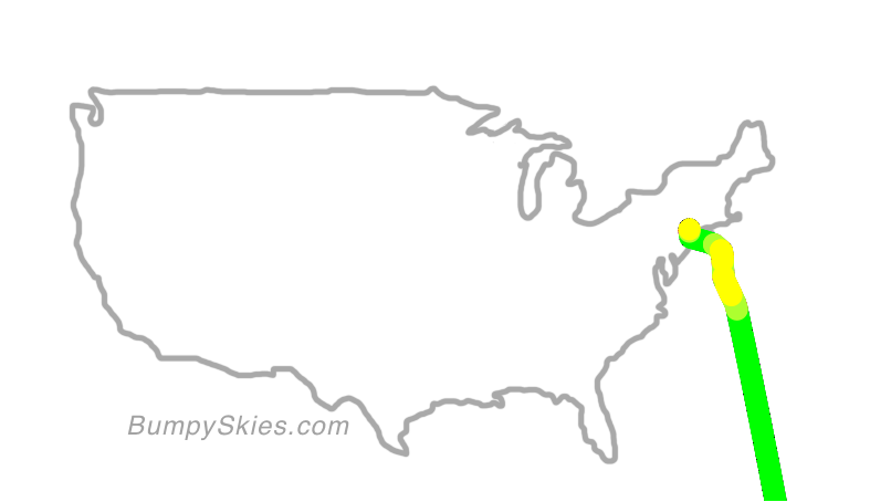 Map of continental US with illustrated flight path and turbulence forecast (described in text below)