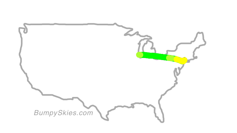Map of continental US with illustrated flight path and turbulence forecast (described in text below)
