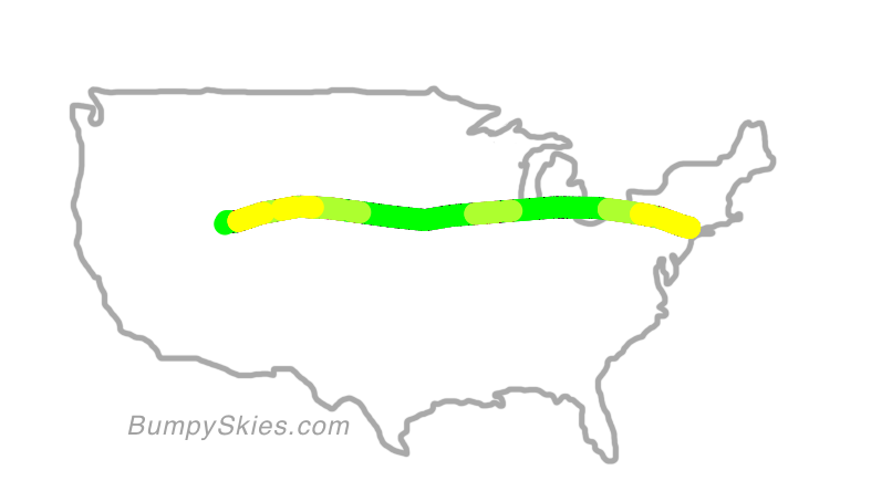Map of continental US with illustrated flight path and turbulence forecast (described in text below)