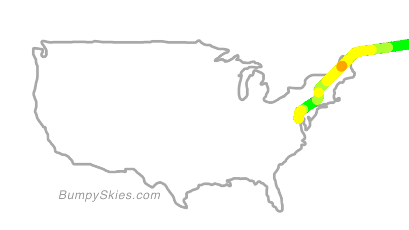 Map of continental US with illustrated flight path and turbulence forecast (described in text below)