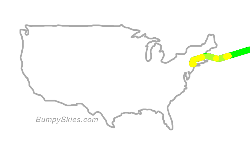 Map of continental US with illustrated flight path and turbulence forecast (described in text below)