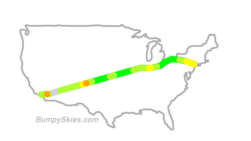 Map of continental US with illustrated flight path and turbulence forecast (described in text below)