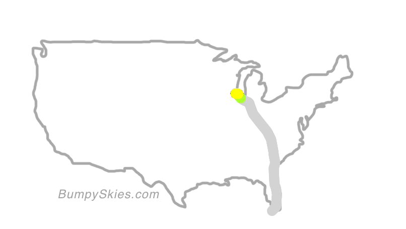 Map of continental US with illustrated flight path and turbulence forecast (described in text below)