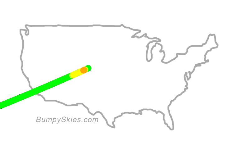 Map of continental US with illustrated flight path and turbulence forecast (described in text below)