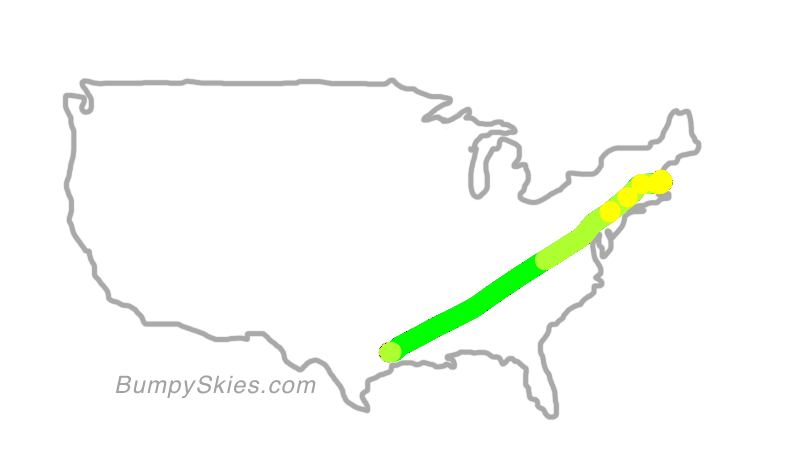 Map of continental US with illustrated flight path and turbulence forecast (described in text below)