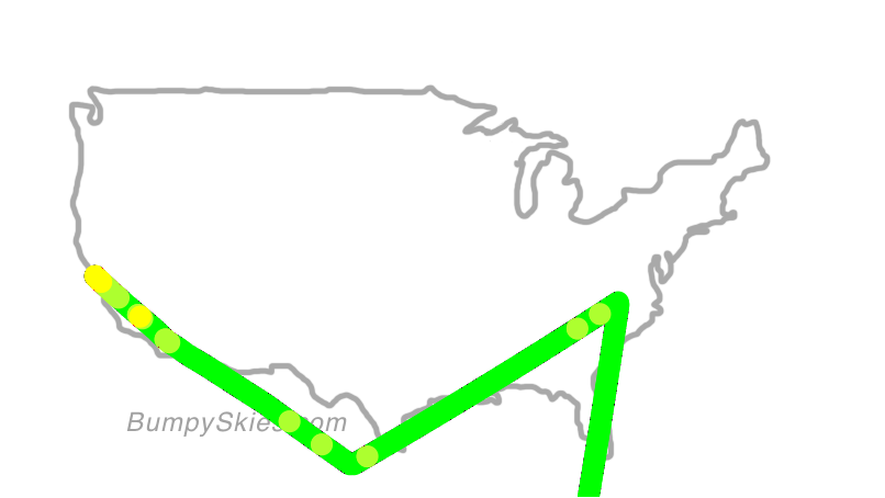 Map of continental US with illustrated flight path and turbulence forecast (described in text below)