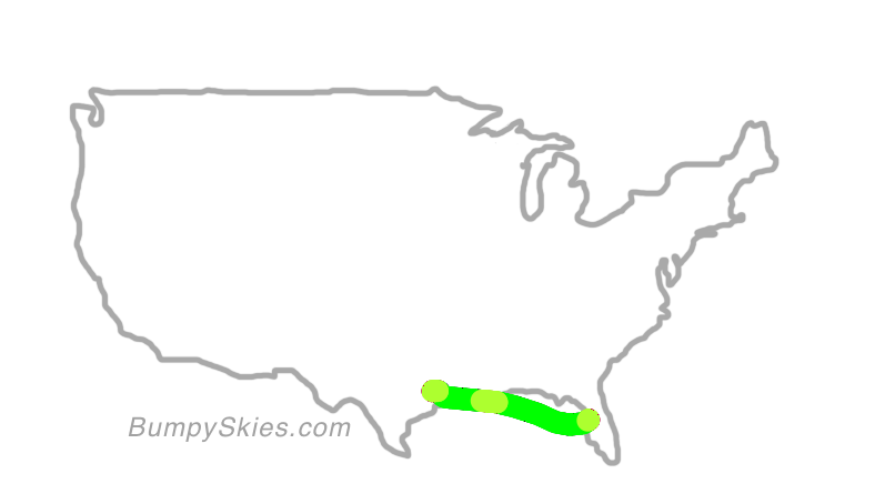Map of continental US with illustrated flight path and turbulence forecast (described in text below)