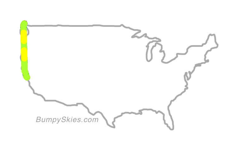 Map of continental US with illustrated flight path and turbulence forecast (described in text below)