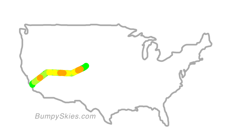 Map of continental US with illustrated flight path and turbulence forecast (described in text below)