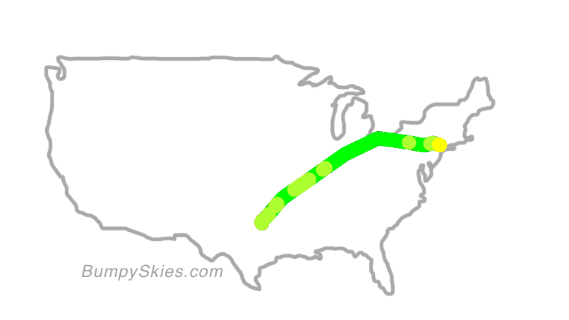 Map of continental US with illustrated flight path and turbulence forecast (described in text below)