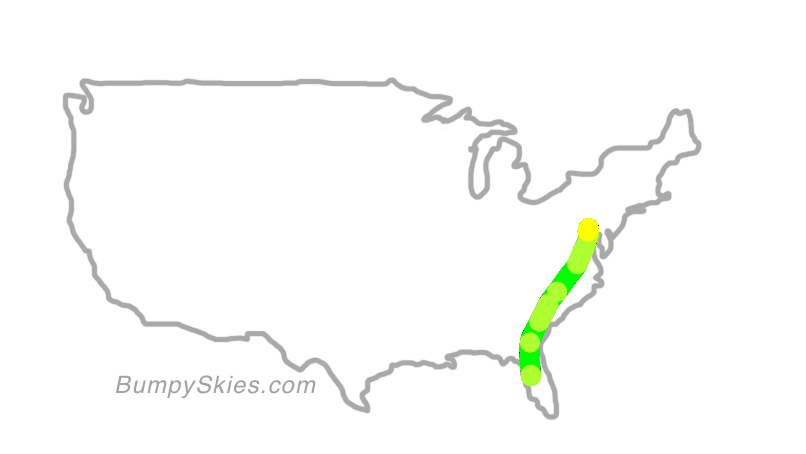 Map of continental US with illustrated flight path and turbulence forecast (described in text below)