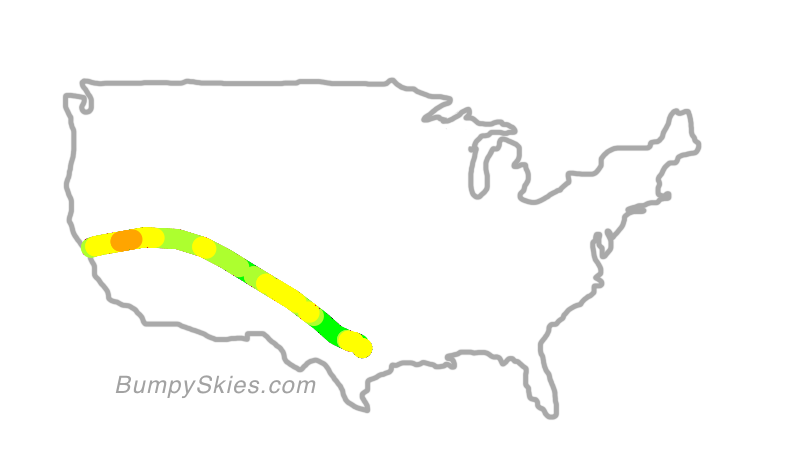 Map of continental US with illustrated flight path and turbulence forecast (described in text below)