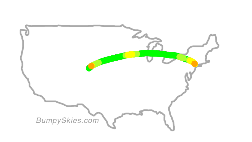 Map of continental US with illustrated flight path and turbulence forecast (described in text below)