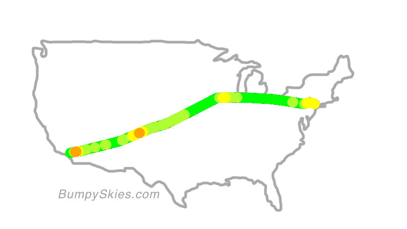 Map of continental US with illustrated flight path and turbulence forecast (described in text below)