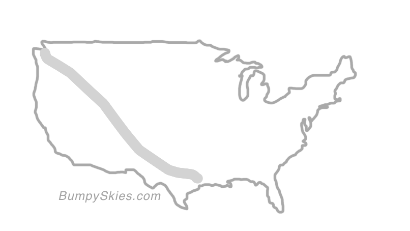 Map of continental US with illustrated flight path and turbulence forecast (described in text below)