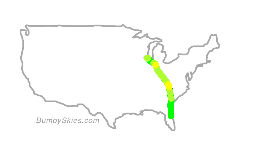 Map of continental US with illustrated flight path and turbulence forecast (described in text below)