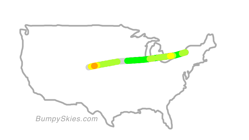 Map of continental US with illustrated flight path and turbulence forecast (described in text below)