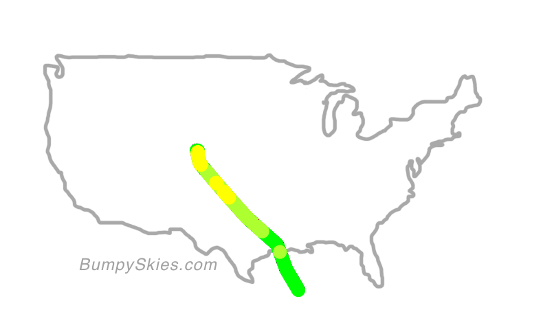 Map of continental US with illustrated flight path and turbulence forecast (described in text below)