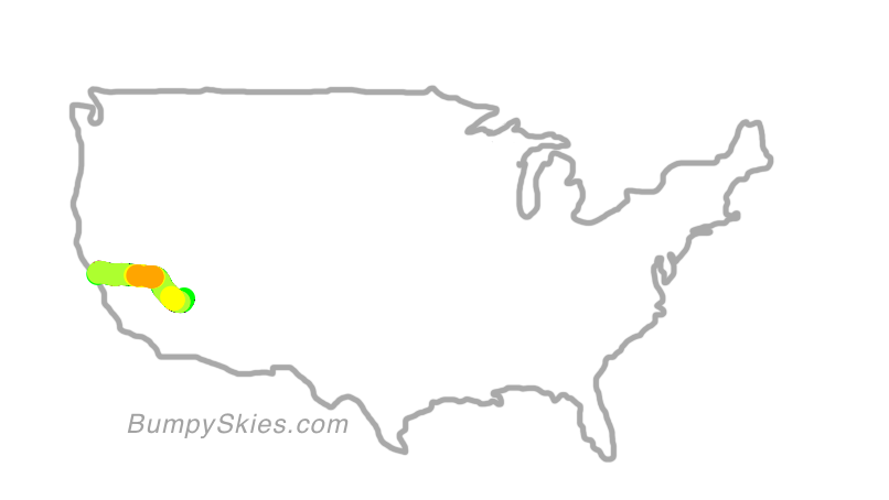 Map of continental US with illustrated flight path and turbulence forecast (described in text below)