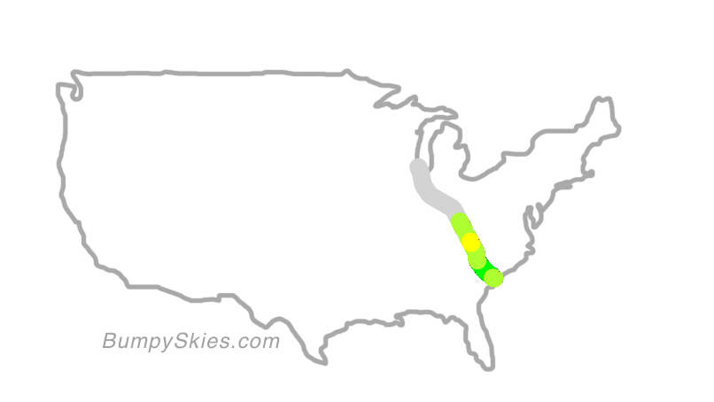 Map of continental US with illustrated flight path and turbulence forecast (described in text below)