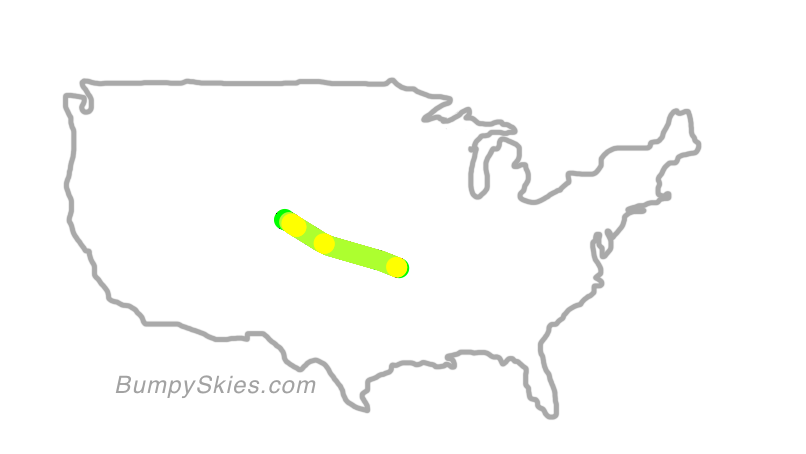 Map of continental US with illustrated flight path and turbulence forecast (described in text below)