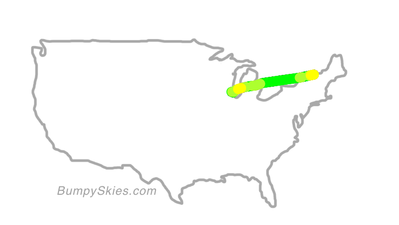 Map of continental US with illustrated flight path and turbulence forecast (described in text below)