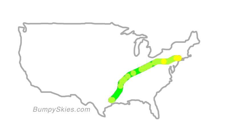 Map of continental US with illustrated flight path and turbulence forecast (described in text below)