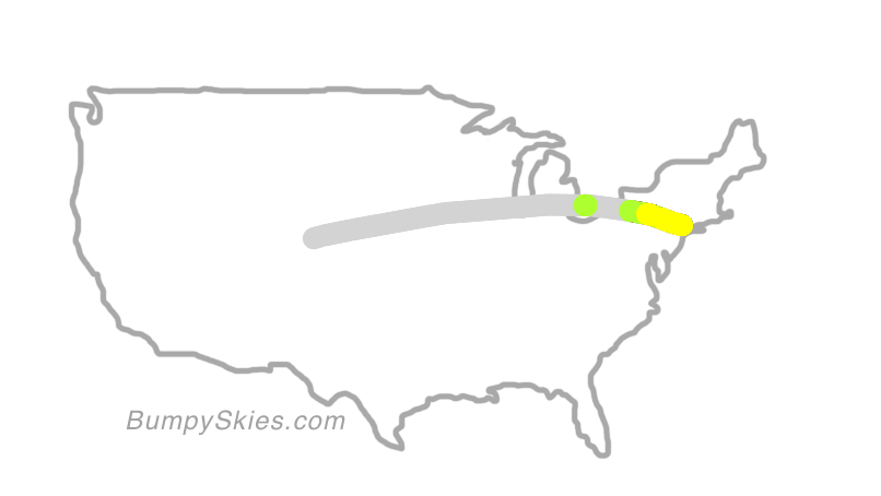 Map of continental US with illustrated flight path and turbulence forecast (described in text below)