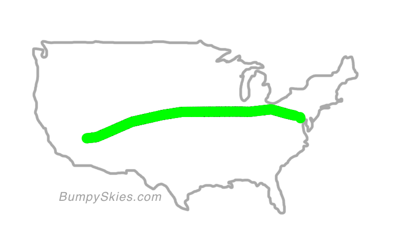 Map of continental US with illustrated flight path and turbulence forecast (described in text below)